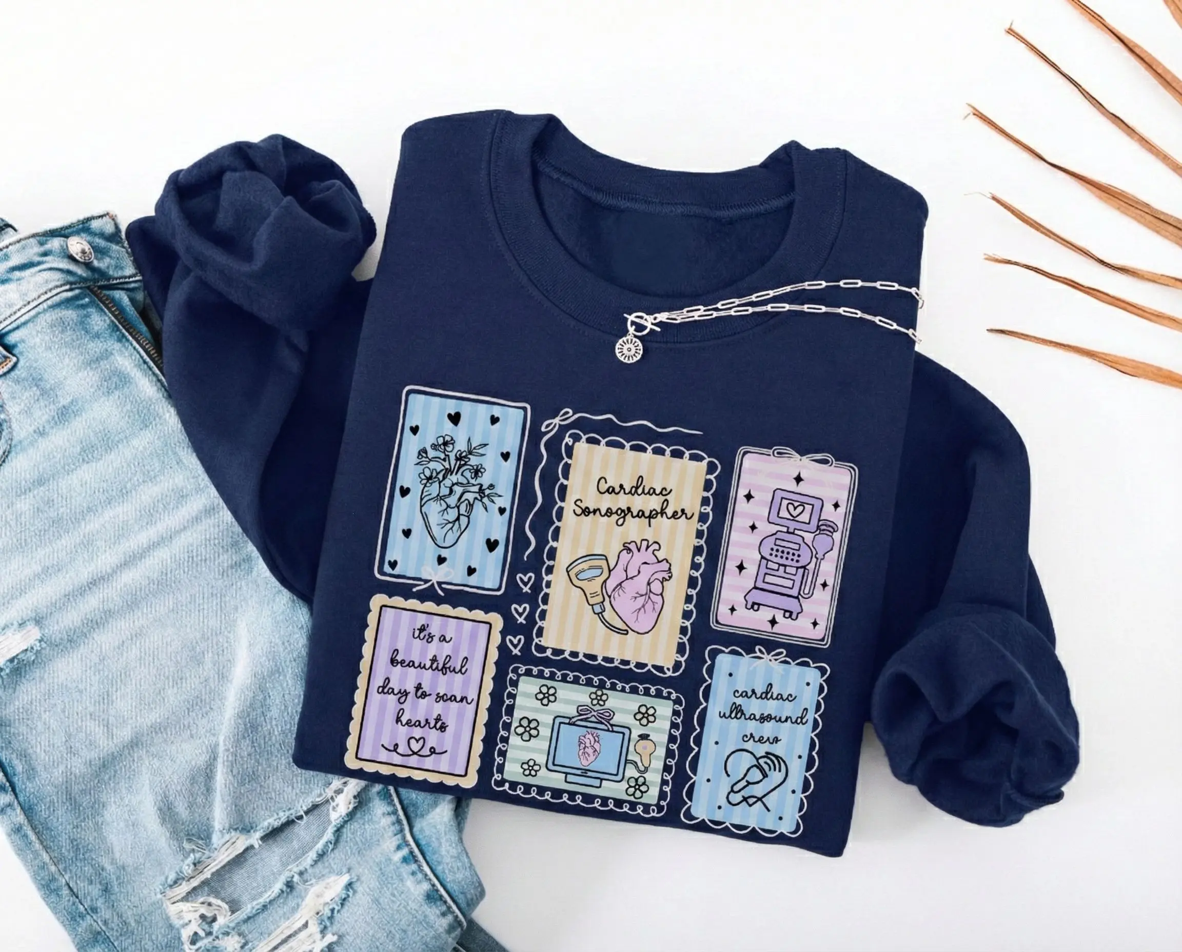Women's Cardiac Sonographer Graphic Top - Soft Cotton/Fleece Crew Neck, Oversized Casual All-Seasons Fit, Classic Bow Back, Breathable, Valentine's Day Feathers Print, Cold Wash Short-Sleeve T-Shirt or Sweatshirt