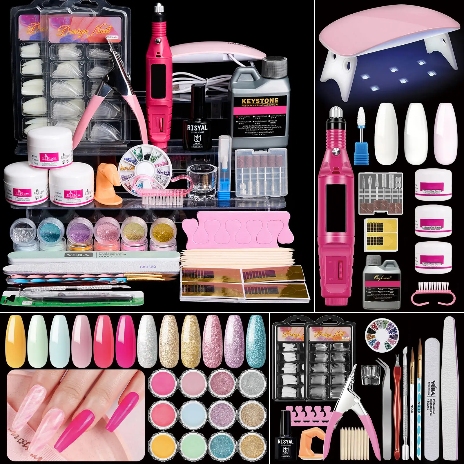 Acrylic Nail Care Set for Beginners - Professional Kit with Drill, UV Light, Glitter Powder, Rhinstones - Easy Manicure, Glitter Nails DIY Gift, Salon
