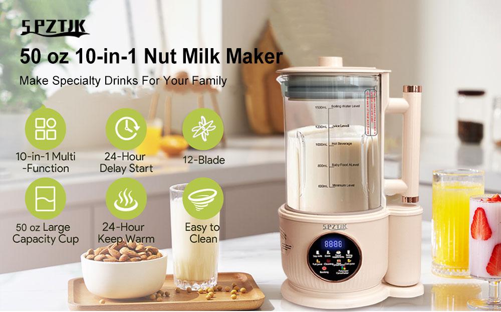 Nut milk maker, 10-in-1 self-made automatic plant, Soy, Almond, Oat, Coconut Milk, etc., multi-functional / 12-hour timer/automatic cleaning/room temperature/heat preservation/boiling/room temperature/soundproof cover