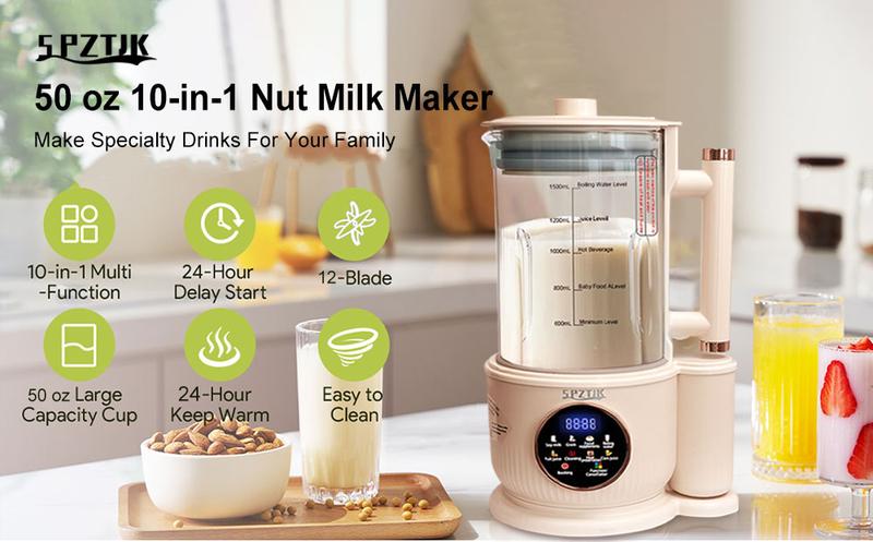 Nut milk maker, 10-in-1 self-made automatic plant, Soy, Almond, Oat, Coconut Milk, etc., multi-functional / 12-hour timer/automatic cleaning/room temperature/heat preservation/boiling/room temperature/soundproof cover