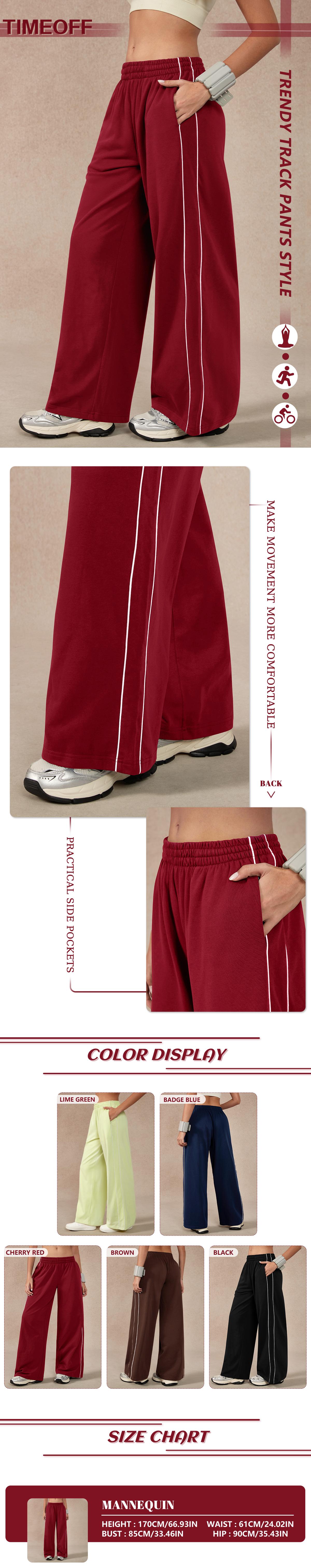 TimeOFF Women's Baggy Wide-Leg Pants – Pocket Design, Elastic Waist & Side Trim for Securely Holding Small Items & Comfortable Relaxed Fit, Ideal for Daily Wear, Casual Outings & Post-Yoga Lounging