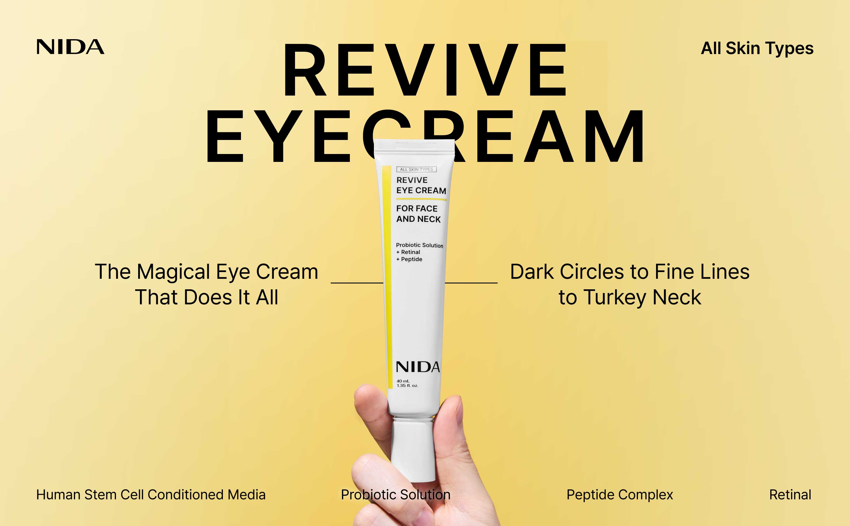 NIDA Revive Eye Cream For Face And Neck (40mL) / Probiotic Solution, Retinal, Peptide / Wrinkles, Fine Lines, Aging Skin