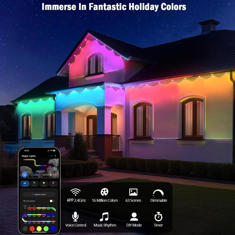 105ft/164ft 16 Million Colors IP67 Waterproof Smart Color Lights 63 Modes TUYA App Voice Control Music Sync Timer for Eaves Walls Pools Lawns Paths Fence 105ft/164ft 16 Million Colors IP67 Waterproof Smart Color Lights 63 Modes TUYA App Voice Control Music Sync Timer for Eaves Walls Pools Lawns Paths Fence