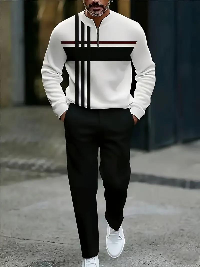 Men's Fashion Casual Zipper Stand Collar Long Sleeve Hoodie & Pants Set in Light Blue with White Stripes and Navy Blue Bottoms