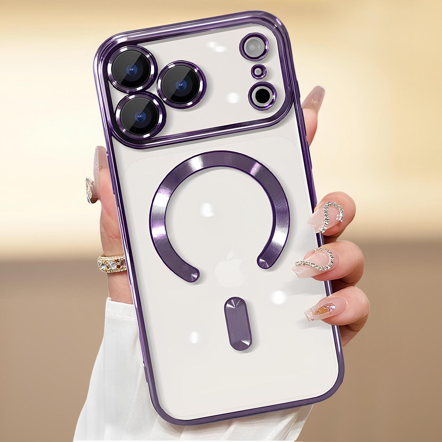 Magnetic Case Compatible with 17 Pro Max 16 15, Plating TPU Clear Soft Cover All-Round Camera Protector Film Shockproof Shel Anti-Scratch Clear Magnetic Luxury Plating Compatible with MagSafe