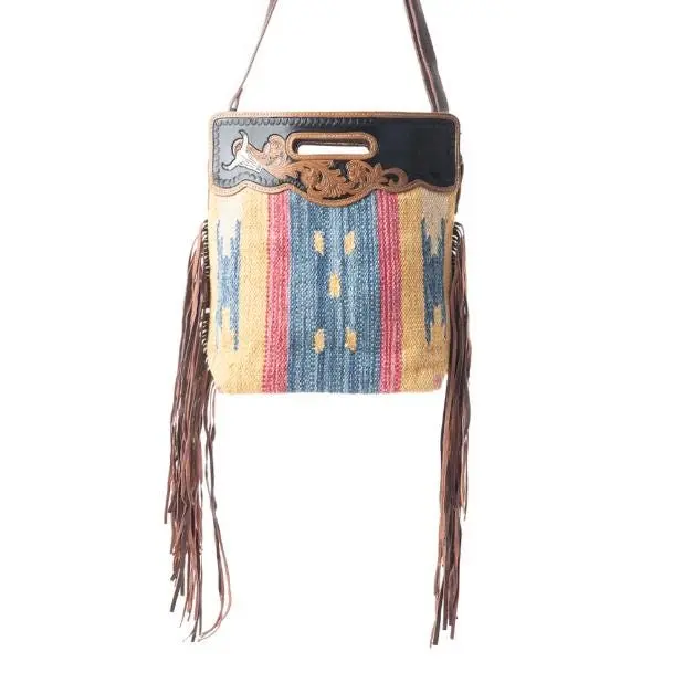 Myra Bag Women's Blue Stream Hand Tooled Handbag with Adjustable Strap, Cotton and Leather Material, Elegant Design, Do Not Wash - Dry Clean Only, Hand-Tooling Leather Panel