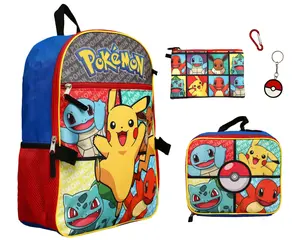 Pokemon 5 Piece Backpack Set Supply Case Key Chain Pendant Kids School Travel Backpack Set 16"