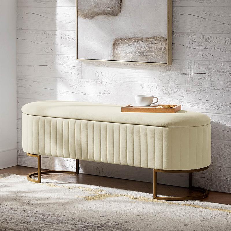 HULALA HOME 50.5" Storage Ottoman Bench Velvet Upholstered with Glossy Metal Base Flip-Top Lid End of Bed Bench for Bedroom & Entryway Classic Design