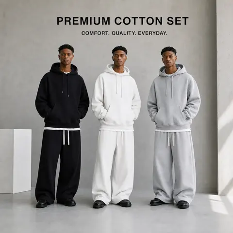 Men's 2-Piece Cotton Hooded Menswear Set - Long Sleeve Loose Drop-Shoulder Pullover Hoodie, Wide-Leg Plain Cotton Sweatpants, Casual Athletic Athleisure Wear