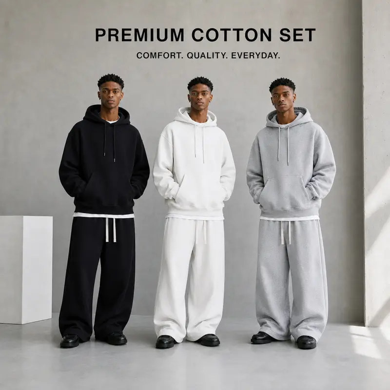 Men's 2-Piece Cotton Hooded Menswear Set - Long Sleeve Loose Drop-Shoulder Pullover Hoodie, Wide-Leg Plain Cotton Sweatpants, Casual Athletic Athleisure Wear