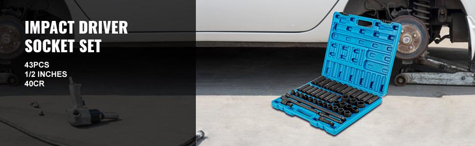 VEVOR Impact Socket Set 1/2 Inches 43 Piece Impact Sockets,  Standard Socket Assortment, 1/2 Inches Drive Socket Set 6-Point Sockets Metric 9-30mm (Standard/Deep)