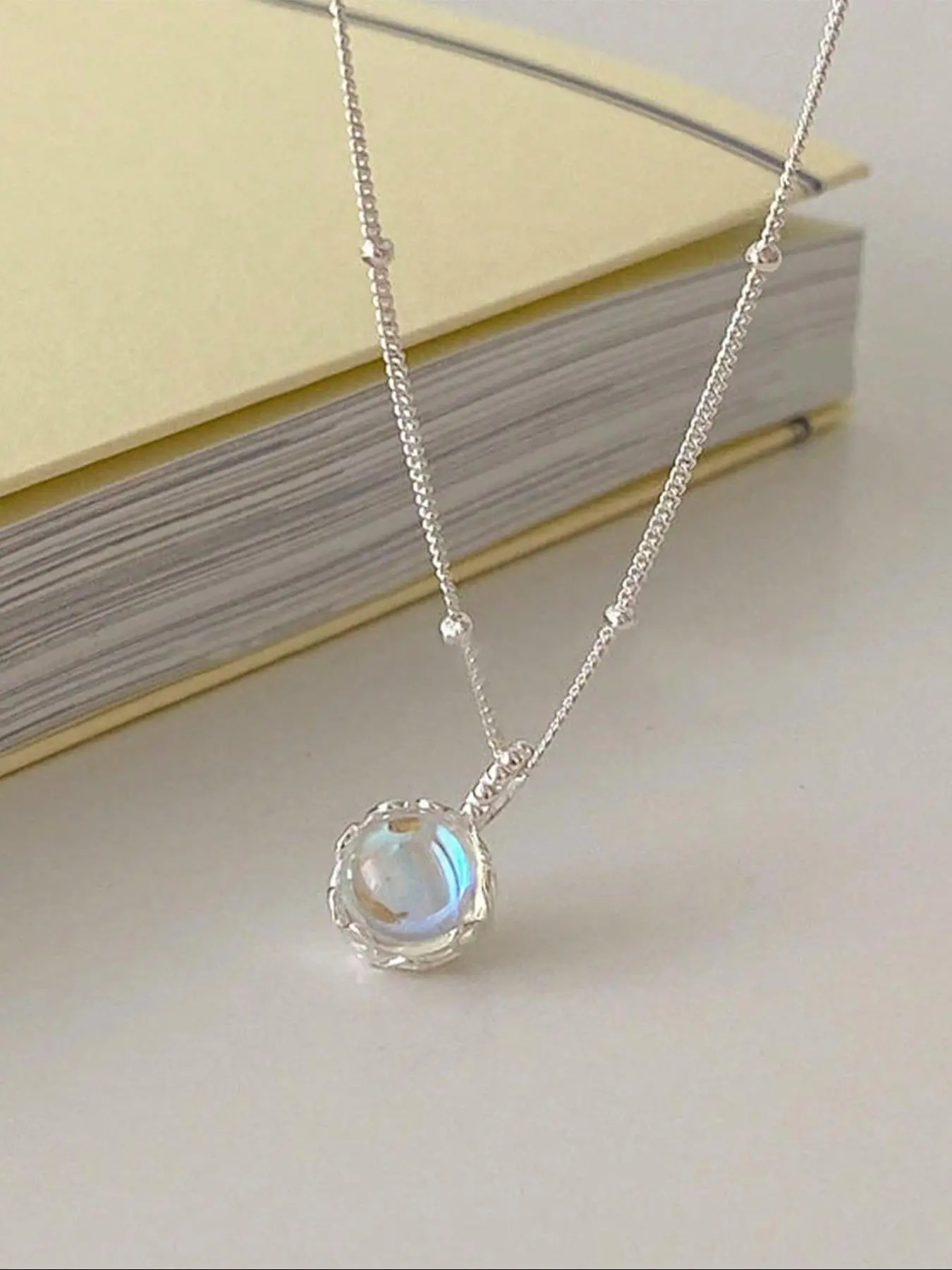1 piece of S925 pure silver petal moonstone decorative necklace for women's anti allergic jewelry, perfect for giving as a Valentine's Day or birthday gift to your girlfriend, Zircon Pendant Necklace