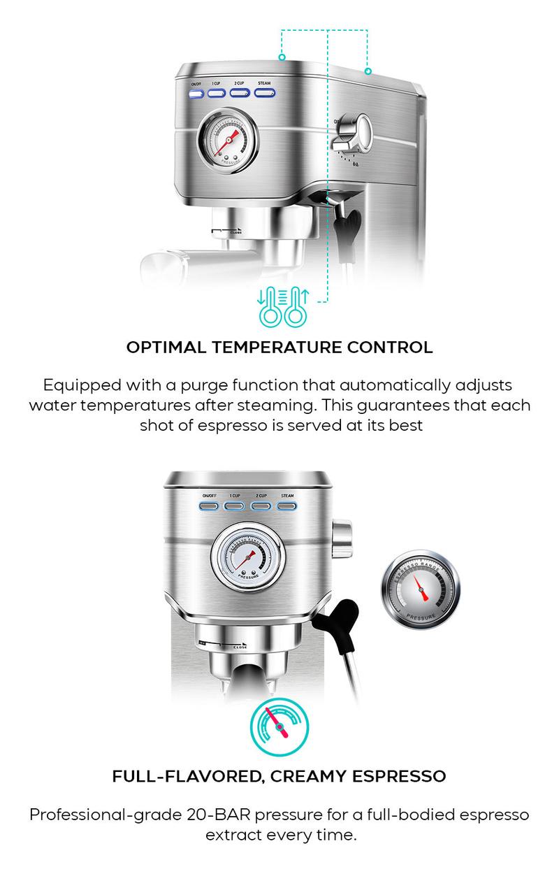 CASABREWS CM5418BC Espresso Machine with Milk Frother and Pressure Display 20 Bar Pressure, Compact Espressomachines, extract ground coffee perfectly