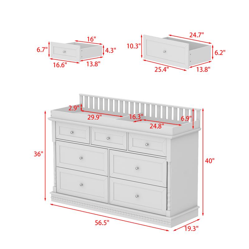 FUFU&GAGA Deborah Changing Table Dresser Antique White with Exposed Shelves, 5 Exposed Drawers & Space for Changing Pad, High-Quality Engineered Wood