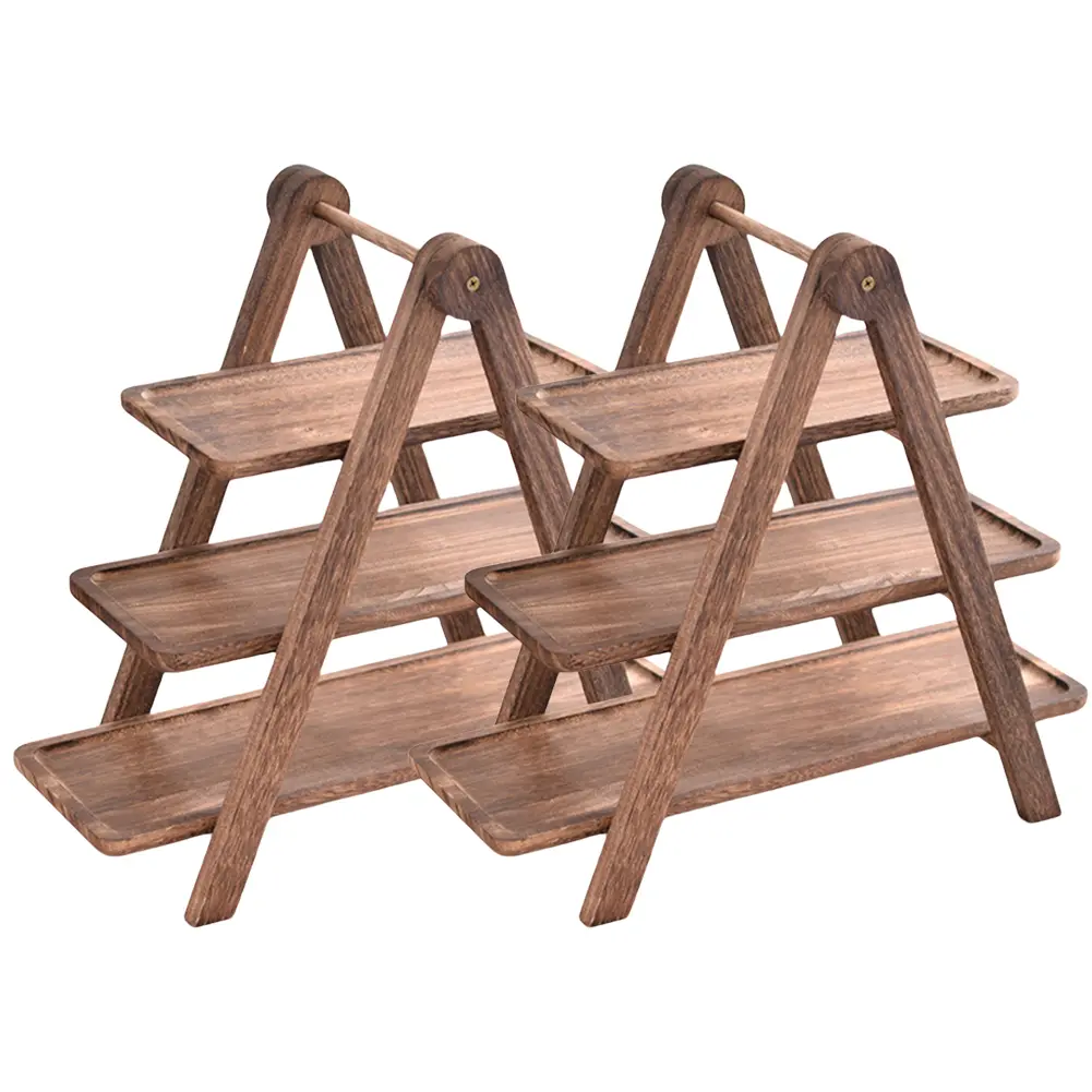 2Pcs Wooden Serving Platter 3 Tier Serving Tray Multi-Function Rectangular Serving Stand Foldable Cupcake Tiered Tray for Wedding Party