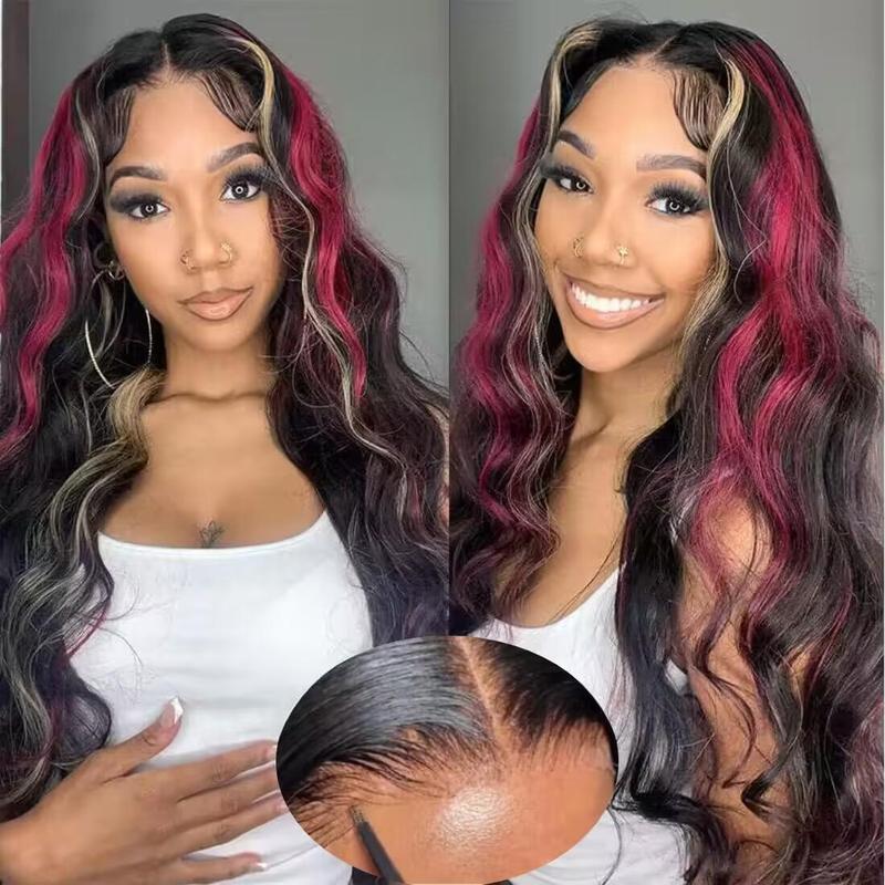 Body Wave Black Red Blonde Highlights Human Hair Wig  Transparent Lace Frontal Wigs Pre Plucked with Baby Hair 180% Density Blonde Red Highlights Wig 13X4 Pre Plucked Lace Front Wig