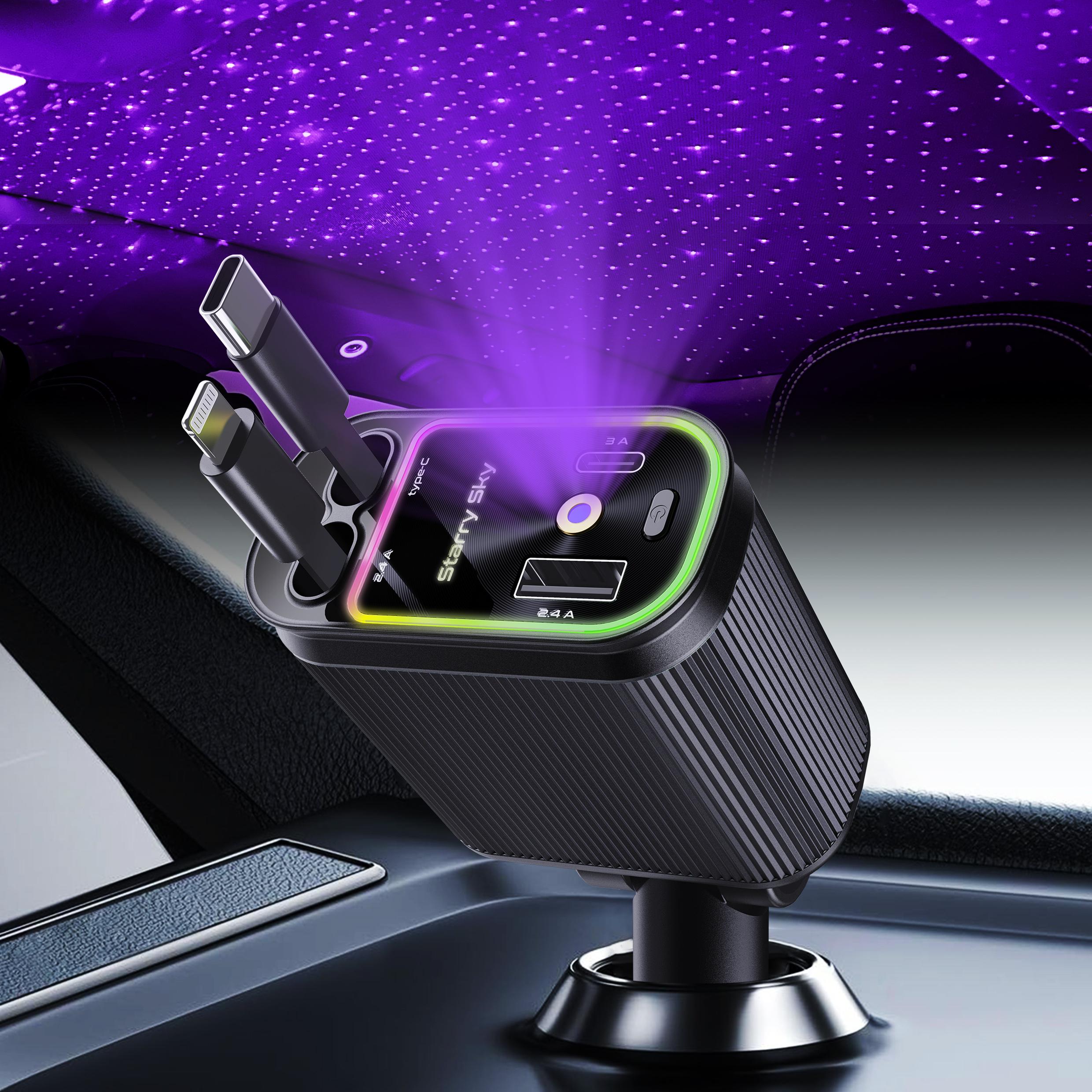 【New Airfreshener Starlight In Car Roof】5 in 1 Car Charger, Car Air Freshener with High Speed USB C Adapter with Lightning Cable & Charge Port for iPhone & Android Phone, Retractable Car Charger, Comes with 3 Bottles of Fragrance, Car Accessories