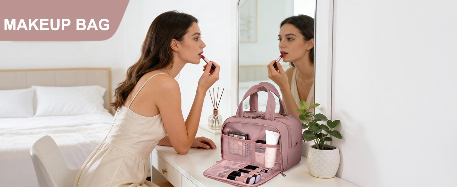 Bagstellar Wide-open Large Toiletry Bag, Lightweight Puffy Travel Bag for Women, Quilted Makeup Bag Organizer Water-resistant Cosmetic Bag with Handle for Toiletries, Essentials, Accessories