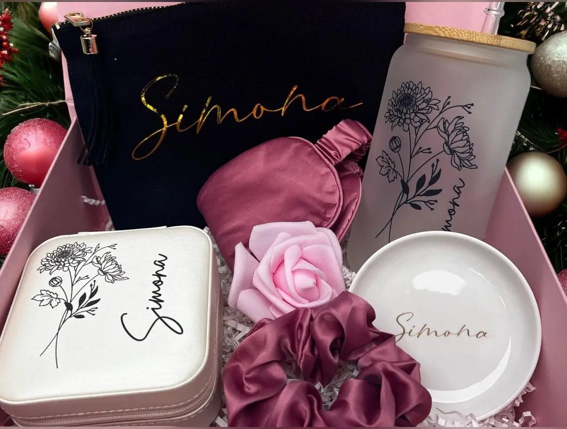 Taniri Customizable Full-Set Female Party Gift Box - Personalized Name & Birth Flower Care Package with Glass Jewelry Box, Tumbler, Self-Care Items, Gift-Ready for Happy Birthday (4,6,8,9) for Adult Coworker