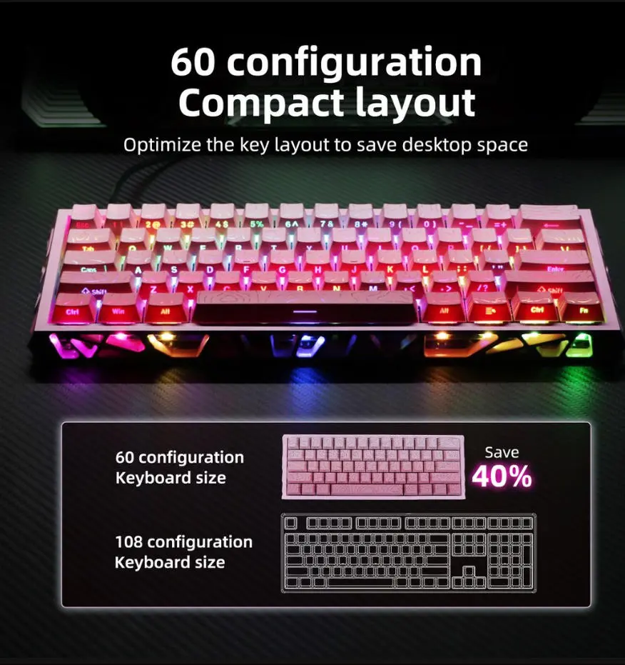 61 Keys Compact Magnetic Mechanical Keyboard Pink Hollow Design, Multi System Win/Mac Switchable, Oil Resistant PBT Thermal Sublimation Keycaps, Full Key Hot Swap RGB Wired Keyboard for Laptop Desktop