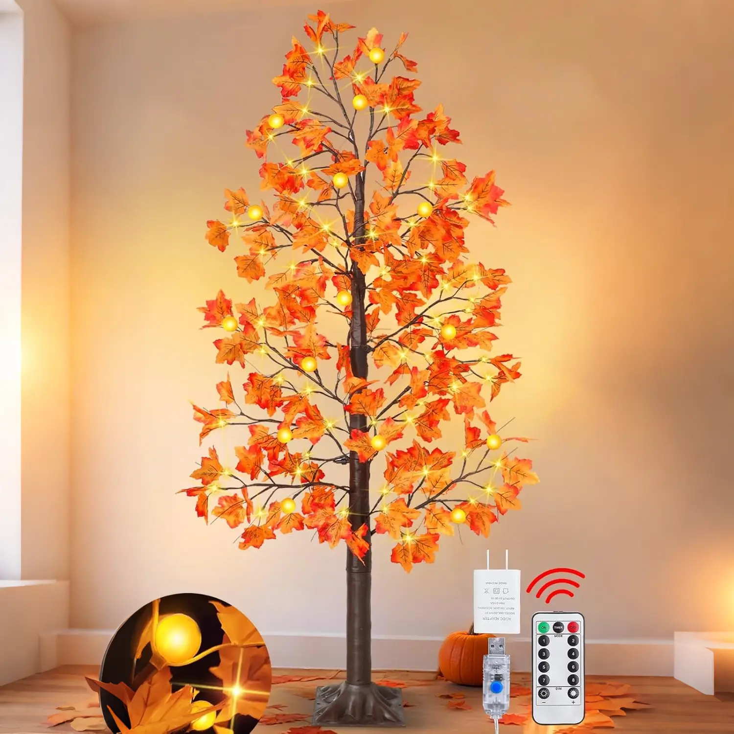 Remote Control&Timer - Fall Decor 6 Ft Lighted Prelit Fall Maple Tree for Home, 3D Pumpkin Lights 135 Warm White LED 8 Mode/USB Plug Thanksgiving Halloween Fall Decorations Porch Party Indoor Outdoor