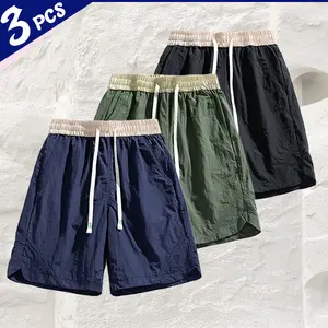 Men’s Summer Three-Pack | Knee-Length Casual Shorts | Commuting / Shopping / Lounging at Home | Crinkle Textured Fabric | Unlined | Comfortable Relaxed Fit