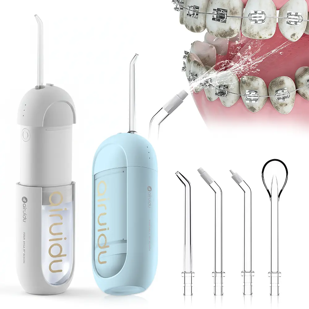 Airuidu CF560 Cordless Battery-Powered Water Flosser Oral Irrigator - Travel Size, Capsule Design, Sensitive Teeth Friendly, 4 Removable Nozzles, 3 Cleaning Modes, IPX7 Waterproof, Retractable, USB Port, Cleansing, for Orthodontic Patients, ABS, 150Ml, Re