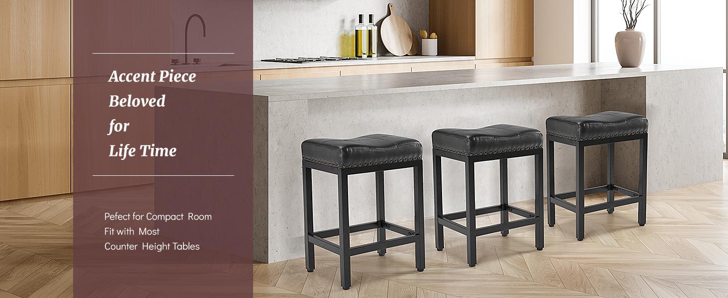 Furnest Set of 2 Bar Stools, 24 Inch Counter Height Saddle Stools, Modern Kitchen Barstools with Metal Base & PU Leather