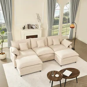 【2 Packages Shipping】GOSUHI 108" U-Shaped Modular Sectional Sofa - Comfy Cloud 3-Seater with 2 Movable Ottoman, Cloud Sofa,Deep Seat Linen Couch for Living Room, Beige Color ,Comfort & Stylish Design,Chenille pink