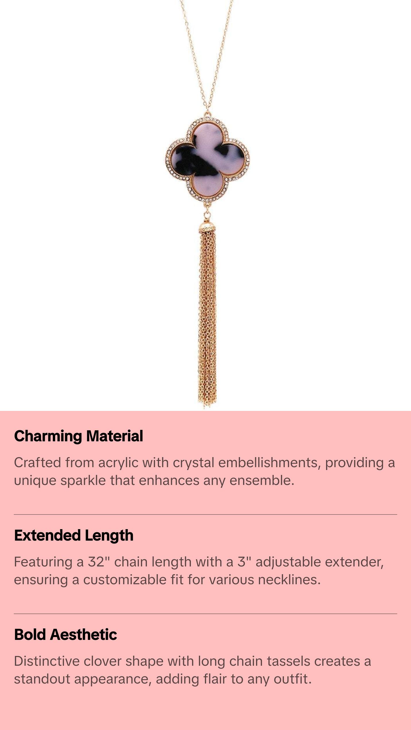 Lucite Quatrefoil and Rhinestone with Tassel Long Necklace (Black/White)