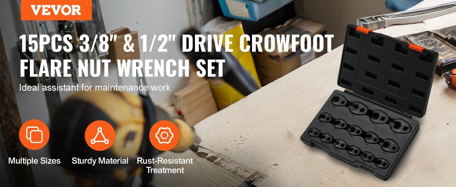 VEVOR Crowfoot Wrench Set, 1/2" and 3/8" Drive 15-Piece Crows Foot Wrench Set with PP Storage Case, Metric 8-24 mm, CRMO Steel and Manganese Phosphate Finish, for Mechanical Maintenance and Repairs VEVOR Crowfoot Wrench Set, 1/2" and 3/8" Drive 15-Piece Crows Foot Wrench Set with PP Storage Case, Metric 8-24 mm, CRMO Steel and Manganese Phosphate Finish, for Mechanical Maintenance and Repairs