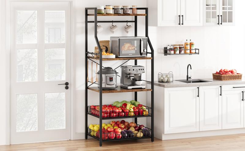 GARVEE Kitchen Bakers Rack with Microwave Stand - 5-Tier Storage, Adjustable Feet, Anti-Tip Kit, and 8 Hooks, Perfect for Organizing Coffee Bars and Kitchens with Rustic Wire Baskets.