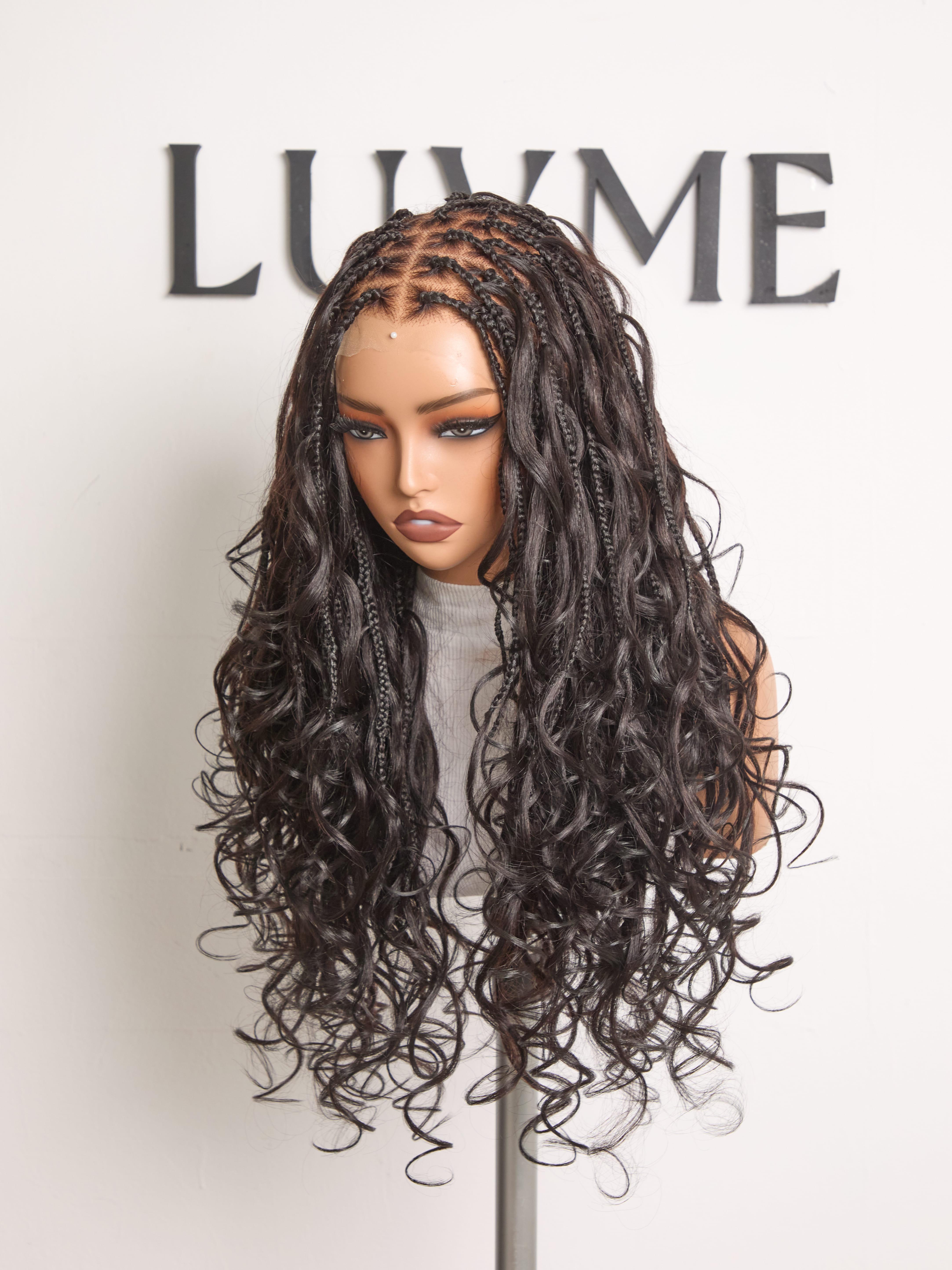 Luvme Full Lace French Curl Boho Braided Wig Knotless 26 inches HD lace Pre-Bleached Natural Hairline Pre-cut Lace