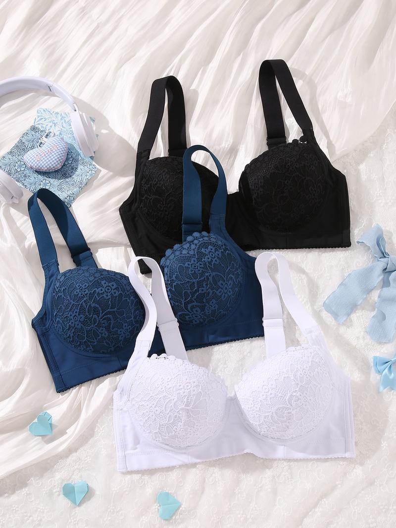 Mimilemon 3PCS Elegant Ladies Bra Non-Detachable Pads Steel Cups Floral Pattern Comfortable All-Day Wear Adjustable Underwear everyday lace Elegance Womenswear Push up bra brasier Aesthetic Style