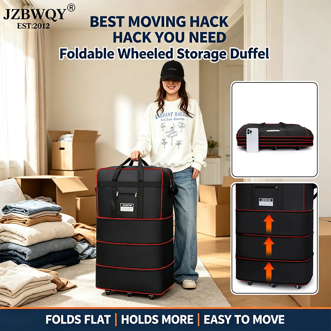 JZBWQY 100L Expandable Foldable Lightweight Rolling Garment Duffle Bag - 360° Universal Wheels, Carry On Luggage, Personal Item Luggage, Travel Bag for International Travel & Weekend Getaways, 4 Wheels 360 Rotation, Spacesaving Fold, Lightweight Rolling L