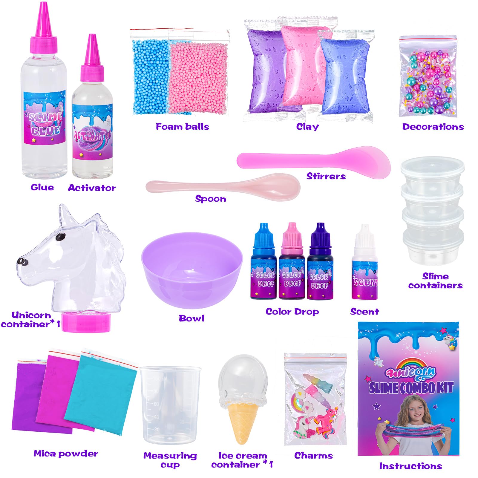 SUNDAY MIRTH Unicorn Slime Combo Kit for Girls Glimmer Crunchy Butter Galaxy Slime Party Favors for Kids Ages 6-12 Sensory Play Creativity Toys with Unique Textures Effects