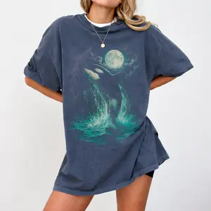 Moonlight Orca Comfort Colors Shirt, Retro Ocean Lightning Graphic Tee, 90s Vintage Marine Life Top, Oversized Wildlife Aesthetic Shirt