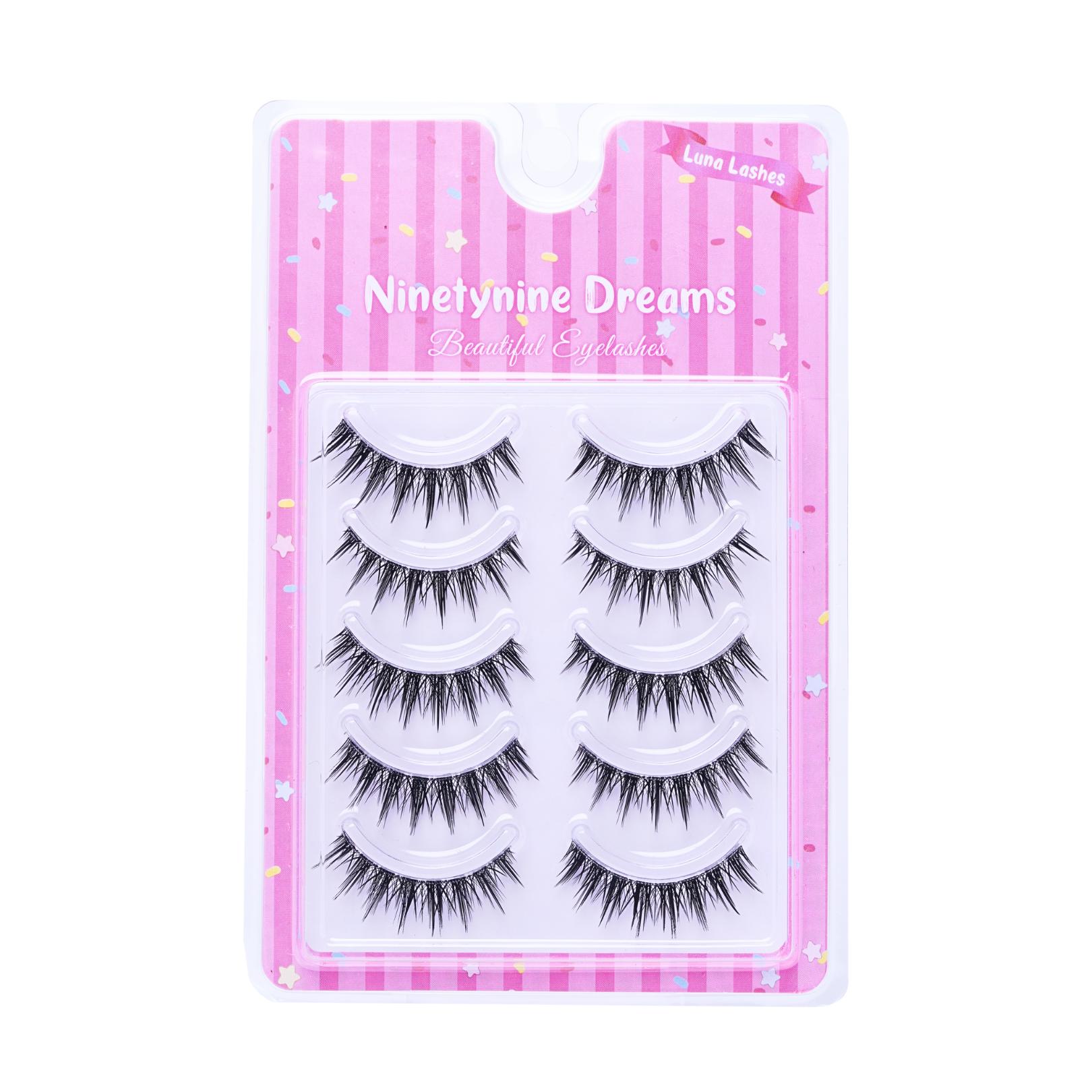 Ninetynine Dreams 5 Pairs Luna Lashes | Lightweight Soft Semi-Dramatic Strip Lashes, Ultra-Thin Transparent Clear Band Daily False Eyelashes Strips 9-13mm C Curl — Reusable Spiky Wispy Anime Manhua Style, Beginner Friendly Must-Have Makeup Essential