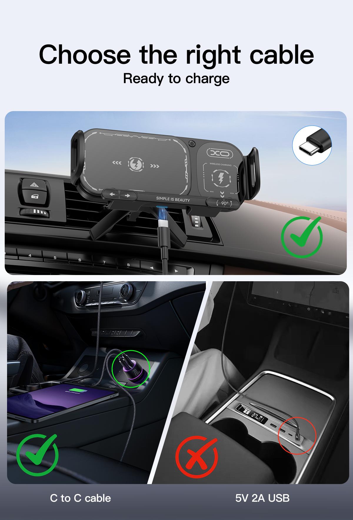 Wireless Charging Car Phone Mount for Foldable & Regular Phones - 15W Fast Charge, 90° Rotation, Air Vent Hook Clip, One-Touch Release (Fits iPhone/Samsung/Google)