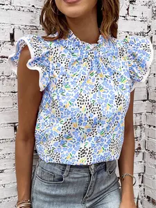 Sky Blue Abstract Print High Neck Flutter Sleeves Top, This Top Features A High Neck Design That Provides Good Coverage.