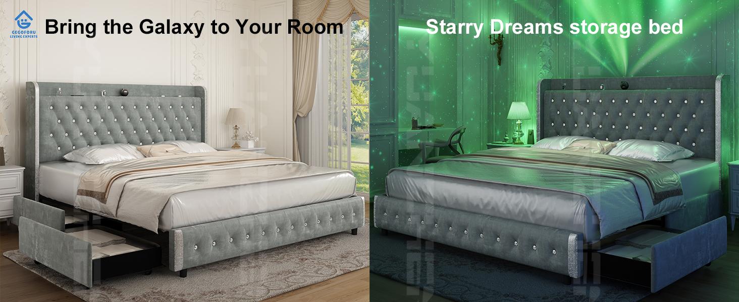 Queen LED Bed Frame Galaxy Projector  White Noise Bluetooth Music speaker,  , 46“ Tall Headboard with USB Charging ,  No Box Spring Required and No Mattress Included，Upholstered Bed with Wood Slat Support, Velvet