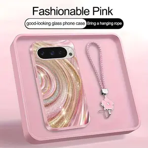 Luxury Rose Gold Swirl Phone Case with Flower Lanyard, Glitter Pink Art Aesthetic Cover for Google Pixel 9 Pro ---975