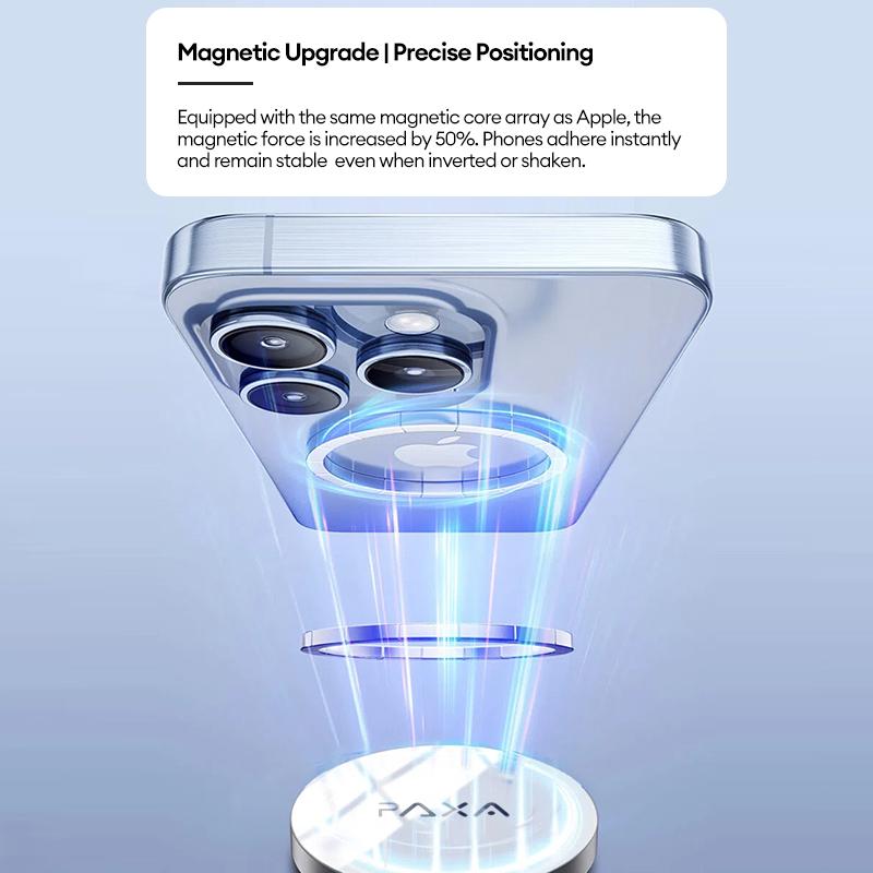 PAXA magnetic wireless charging stand, with strong magnetic attraction, supports 15W PD constant-temperature fast charging. It comes with an aluminum alloy stand, hands-free making it perfect for watching videos or playing games while charging.