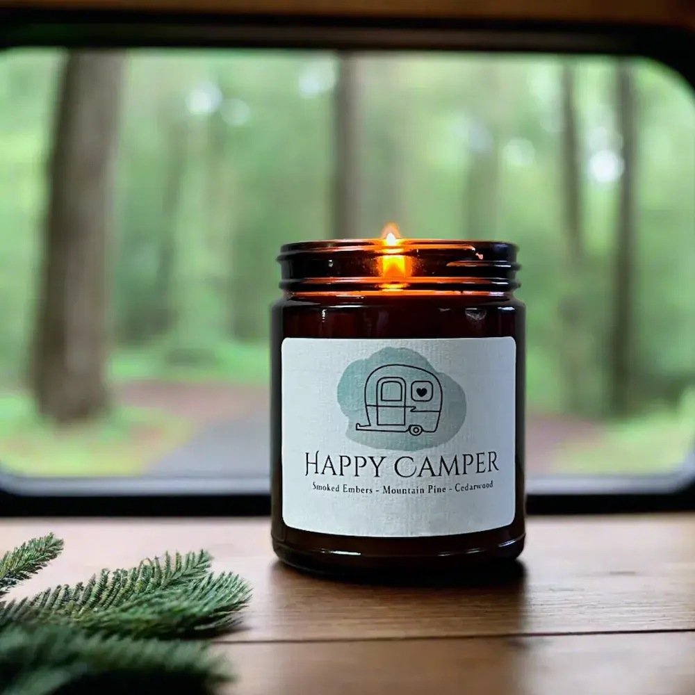 Happy Camper Candle, Camping Gift, Forest Candle, Campfire Candle, Nature Inspired, Natural Soy Wax Cozy Outdoors