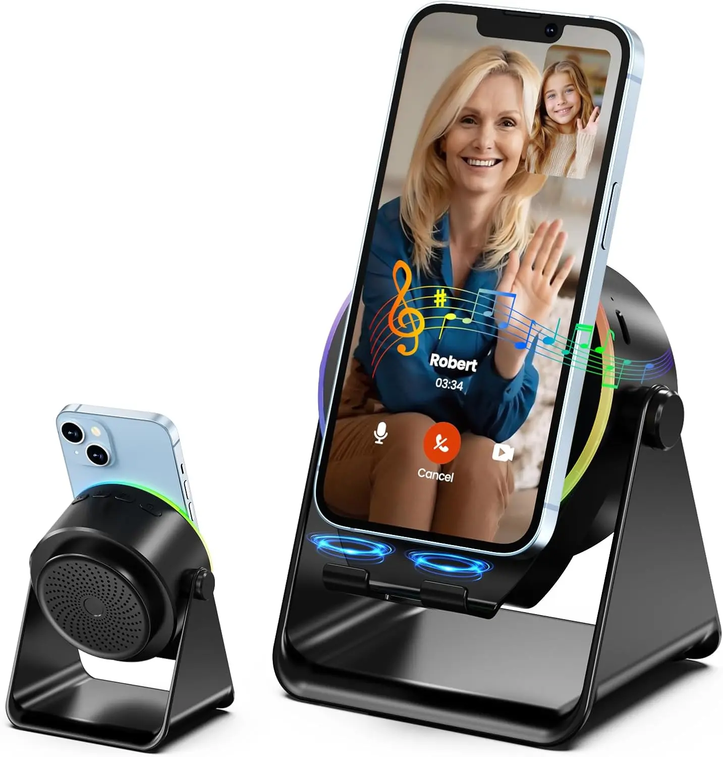 5-in-1 Wireless Induction Bluetooth 5.3 Speaker | 360 Rotation Phone Stand, RGB Ambient 5-in-1 Wireless Induction Bluetooth 5.3 Speaker | 360 Rotation Phone Stand, RGB Ambient
