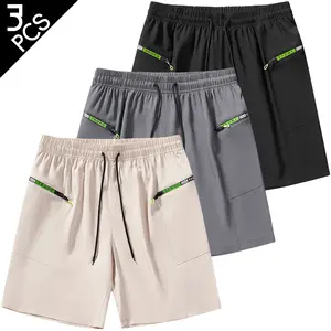 3PCS, Men’s casual solid-color athletic cargo shorts,, featuring a double-sided horizontal zipper design, perfect for summer wear.