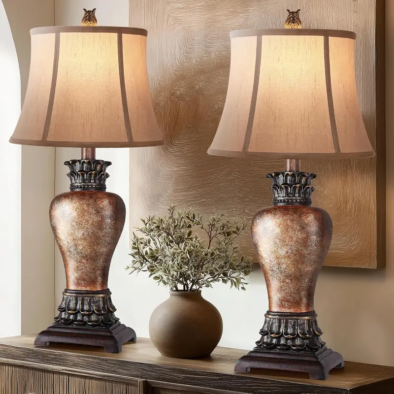 27" Set of 2 Tall Farmhouse Rustic Table Lamps for Living Room,3-Color Temperature Dimmable Western Bedroom Lamps for Night Stands Traditional Antique Decor (Brown)