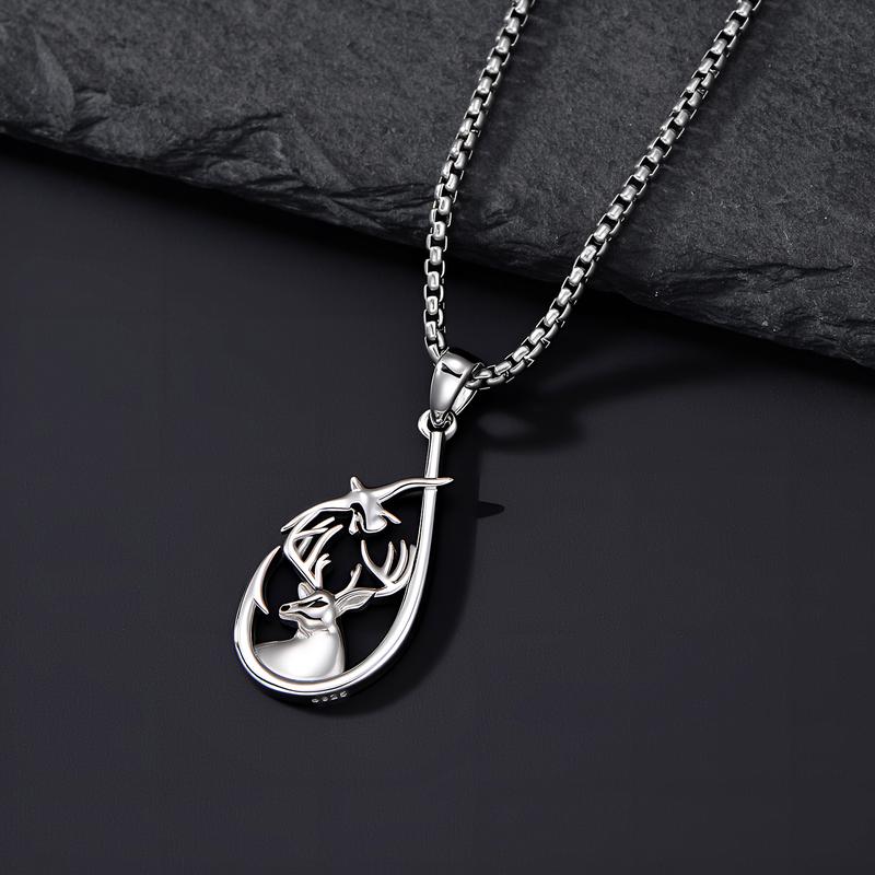 MEIDERBO Jewelry Hunting Fishing Necklace 925 Sterling Silver Fish Hook Pendant Deer Bass Fish Wild Duck Hunting Jewelry Gifts for Men Father Husband Son 22+2 inch adjustable chain