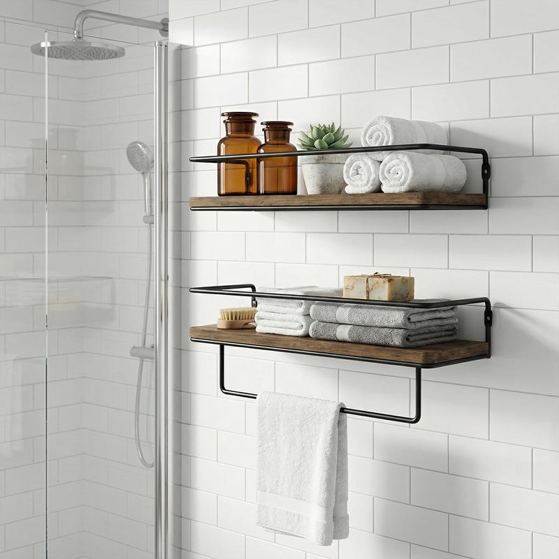 Spaco 15.7'' Floating Shelves - Set of 2, Wall Mounted Hanging Shelves with Black Towel Rack, Decorative Storage Shelves for Bathroom, Kitchen, Living Room & Bedroom