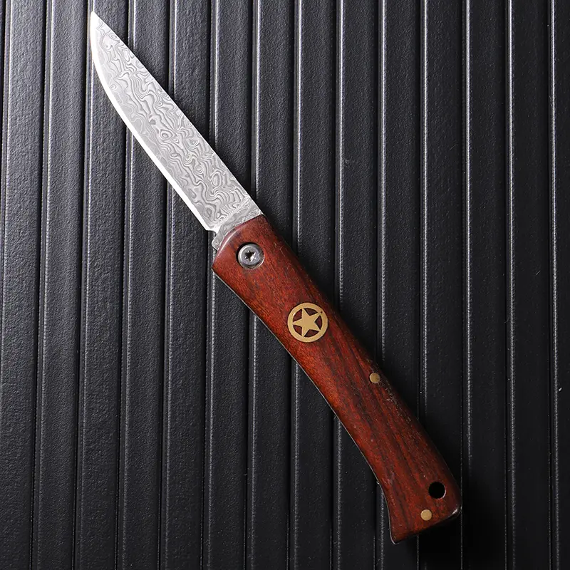 Vintage Star Inlay Brass Damascus Steel Hand-Forged Fixed Blade EDC Multi-Tool Knife, Ergonomic Natural Hardwood Handle, Corrosion-Rust Resistant Collectible Cutlery for Camping, DIY Crafts
